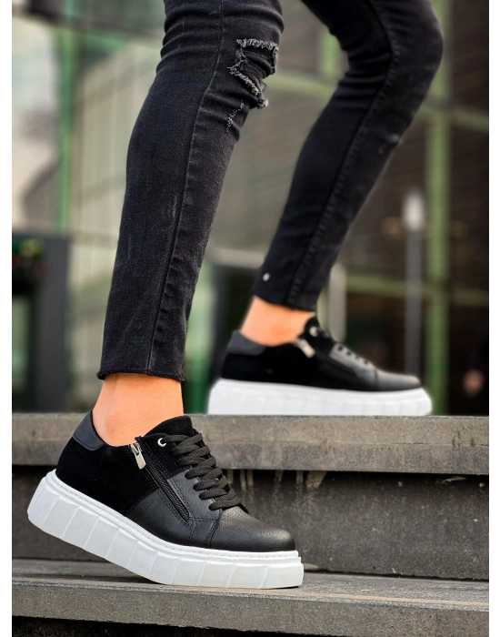 KB-X155 Kuback Siyah Cilt Siyah Süet Detaylı Beyaz Yüksek Taban Günlük Spor Ayakkabı