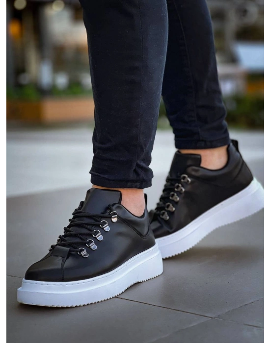 KB-X4  Kuback Siyah Cilt Yüksek Taban Bağcıklı Günlük Erkek Ayakkabı