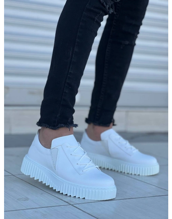 KB-X502  Kuback Beyaz Cilt Yüksek Beyaz Taban Bağcık Detaylı Lastikli Günlük Erkek Ayakkabı