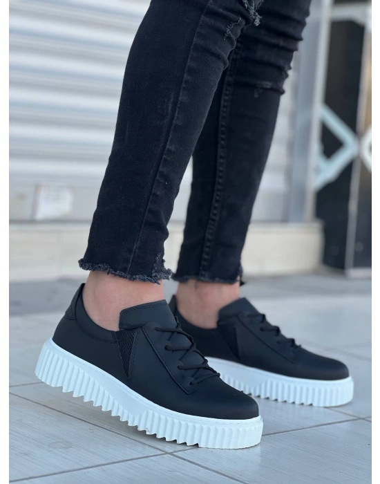 Kb-x502 Kuback Siyah Cilt Yüksek Beyaz Taban Bağcık Detaylı Lastikli Günlük Erkek Ayakkabı Erkek Günlük Ayakkabı