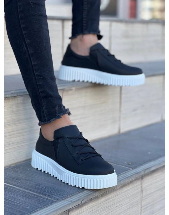 Kb-x502 Kuback Siyah Cilt Yüksek Beyaz Taban Bağcık Detaylı Lastikli Günlük Erkek Ayakkabı Erkek Günlük Ayakkabı