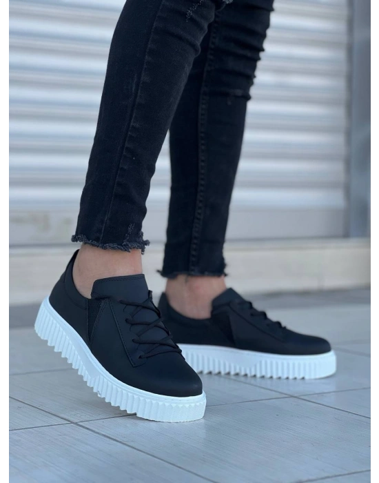 KB-X502  Kuback Siyah Cilt Yüksek Beyaz Taban Bağcık Detaylı Lastikli Günlük Erkek Ayakkabı