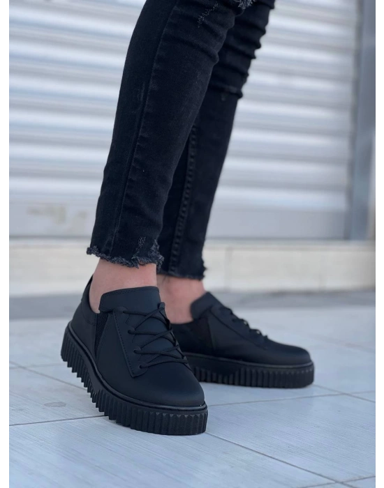 Kb-x502 Kuback Siyah Cilt Yüksek Siyah Taban Bağcık Detaylı Lastikli Günlük Erkek Ayakkabı Erkek Günlük Ayakkabı