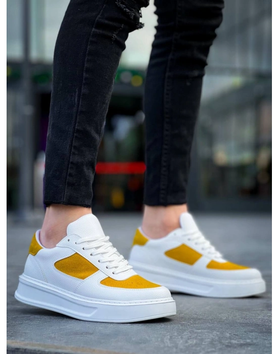 KB-X8 Kuback Beyaz Cilt Sarı Süet Detaylı Beyaz Yüksek Taban Günlük Spor Ayakkabı