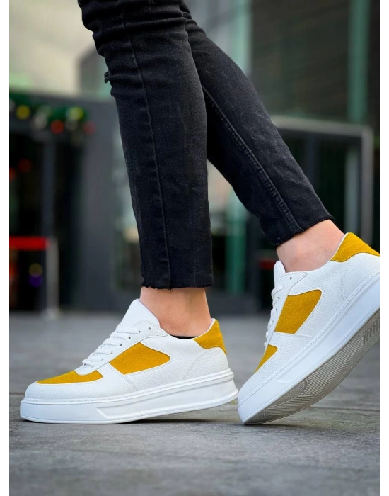 Kb-x8 Kuback Beyaz Cilt Sarı Süet Detaylı Beyaz Yüksek Taban Günlük Erkek Spor Ayakkabı