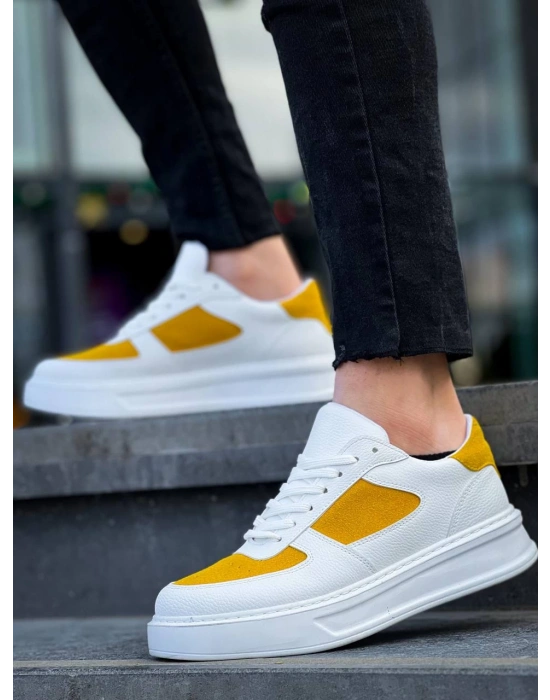 Kb-x8 Kuback Beyaz Cilt Sarı Süet Detaylı Beyaz Yüksek Taban Günlük Erkek Spor Ayakkabı