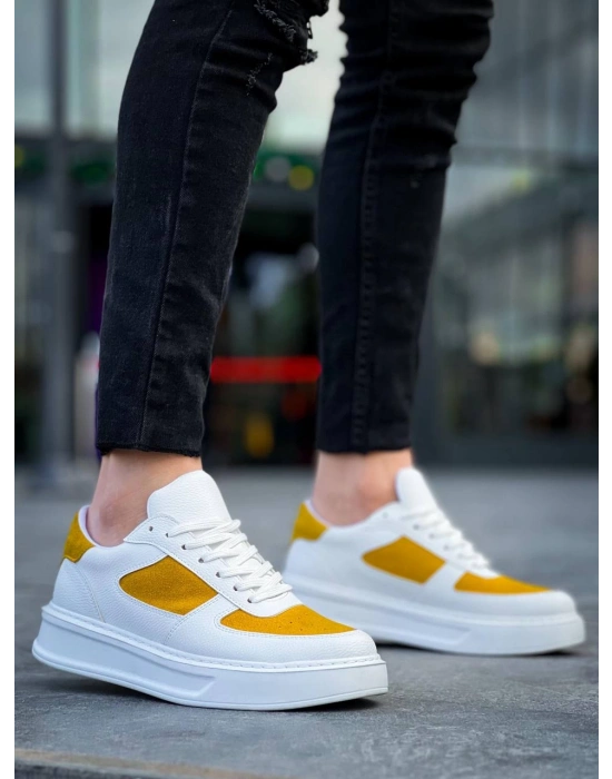 Kb-x8 Kuback Beyaz Cilt Sarı Süet Detaylı Beyaz Yüksek Taban Günlük Erkek Spor Ayakkabı