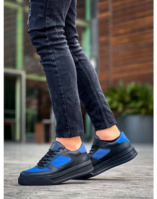 Kb-x8 Kuback Siyah Cilt Mavi Süet Detaylı Siyah Yüksek Taban Günlük Erkek Spor Ayakkabı