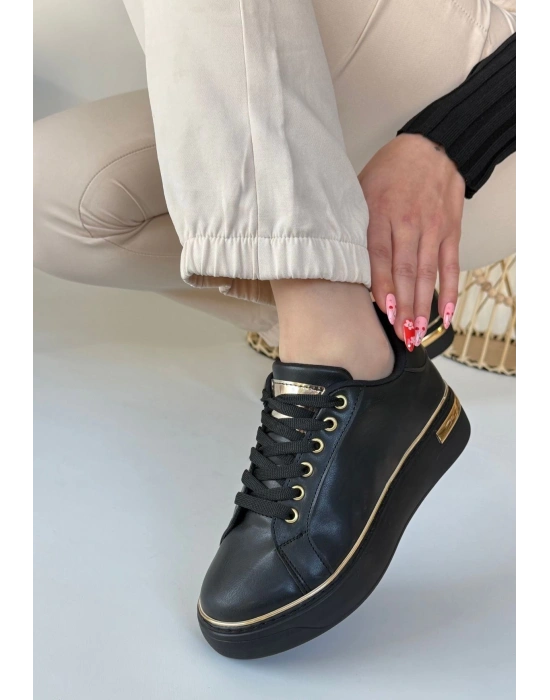 Kity Siyah Cilt Bağcıklı Kadın Spor Ayakkabı