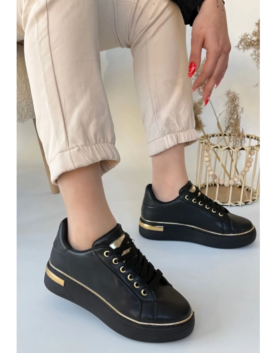 Kity Siyah Cilt Bağcıklı Kadın Spor Ayakkabı