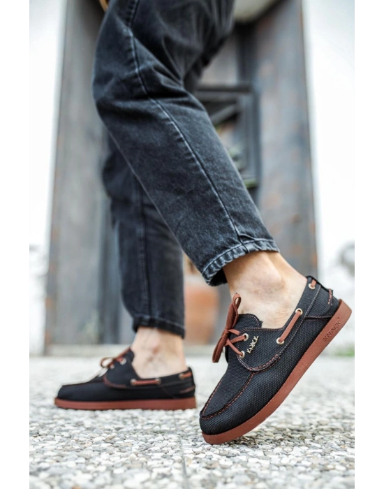 Knack Mevsimlik Keten Ayakkabı 008 Siyah (Taba Taban)