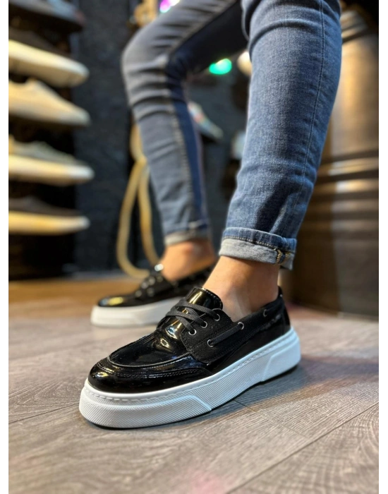 Knack Yüksek Taban Günlük Ayakkabı 700 Siyah Rugan (Beyaz Taban)