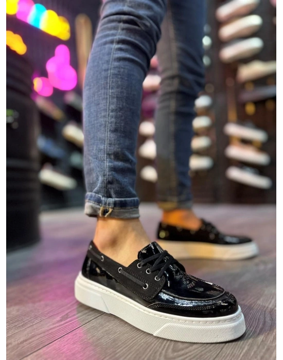 Knack Yüksek Taban Günlük Ayakkabı 700 Siyah Rugan (Beyaz Taban)