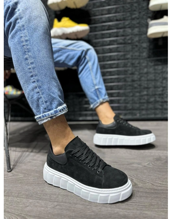 Knack Yüksek Taban Günlük Süet Ayakkabı 144  Siyah (Beyaz Taban)