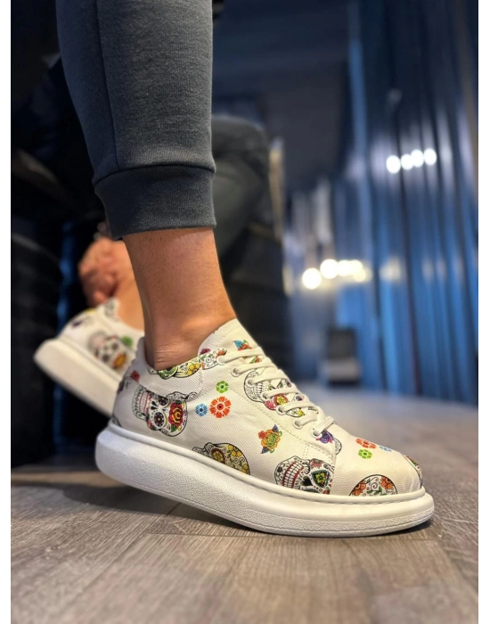 Knack Yüksek Taban Renkli Baskılı 046 Beyaz Kurukafa Erkek Günlük Ayakkabı