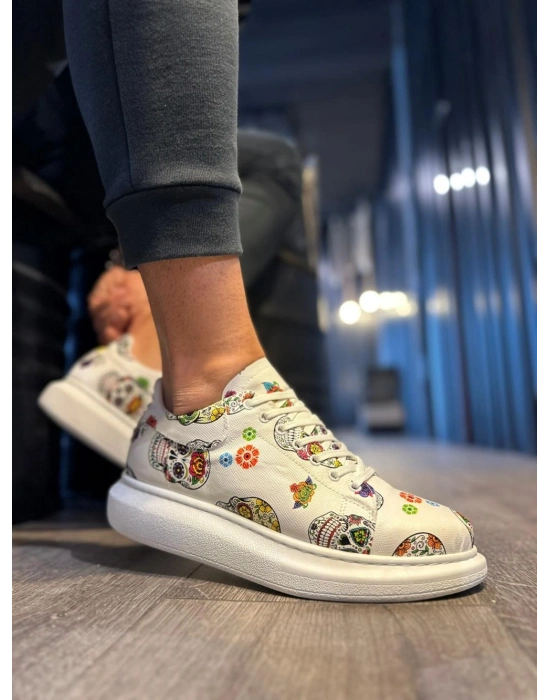 Knack Yüksek Taban Renkli Baskılı Günlük Ayakkabı 046 Beyaz Kurukafa