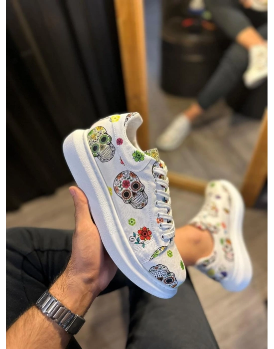 Knack Yüksek Taban Renkli Baskılı 046 Beyaz Kurukafa Erkek Günlük Ayakkabı