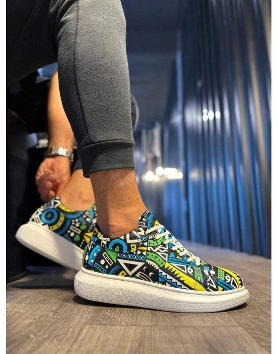 Knack Yüksek Taban Renkli Baskılı Günlük Ayakkabı 046 Sarı (Beyaz Taban)