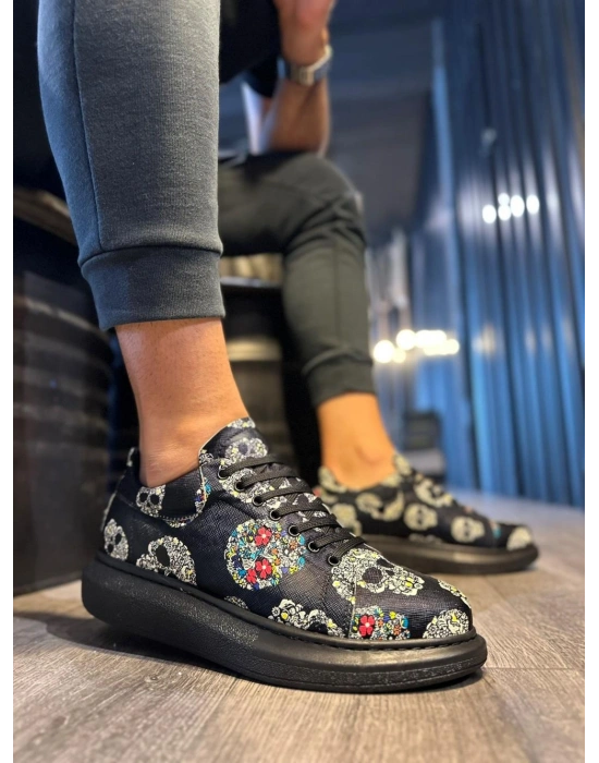 Knack Yüksek Taban Renkli Baskılı Günlük Ayakkabı 046 Siyah Kurukafa