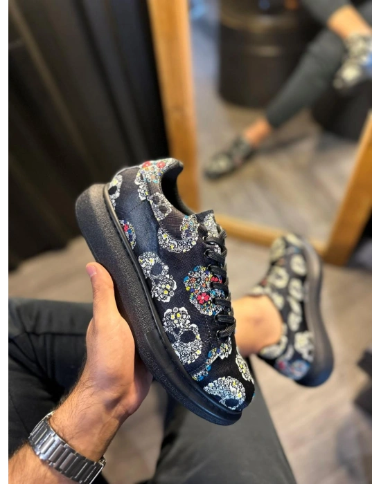 Knack Yüksek Taban Renkli Baskılı Günlük Ayakkabı 046 Siyah Kurukafa