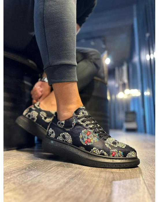 Knack Yüksek Taban Renkli Baskılı Günlük Ayakkabı 046 Siyah Kurukafa