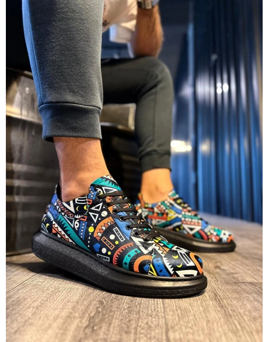 Knack Yüksek Taban Renkli Baskılı Günlük Ayakkabı 046 Siyah (Siyah Taban)