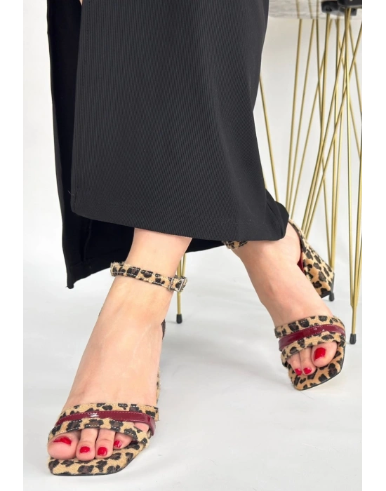 Lanja Leopar Süet Bordo Rugan Detaylı Ayakkabı Kadın Topuklu Ayakkabı