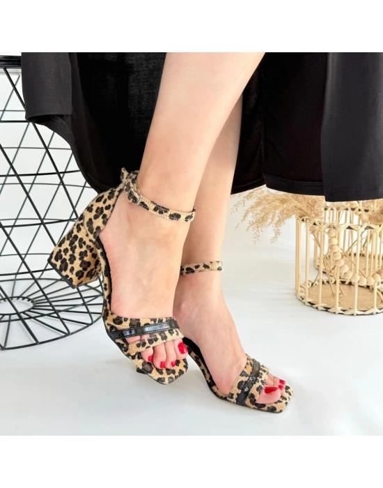 Lanja Leopar Süet Siyah Rugan Detaylı Ayakkabı Kadın Topuklu Ayakkabı