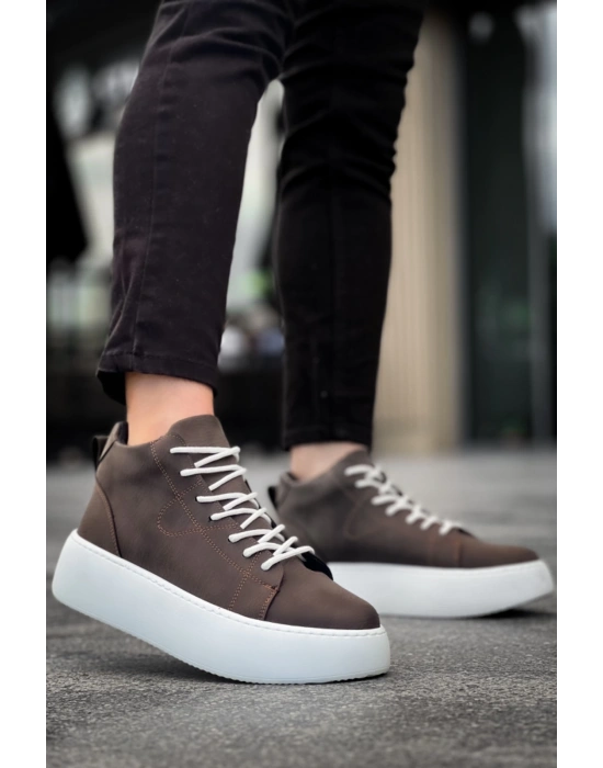 Le10 Bağcıklı Erkek Yüksek Beyaz Taban Kahverengi Spor Erkek Bot