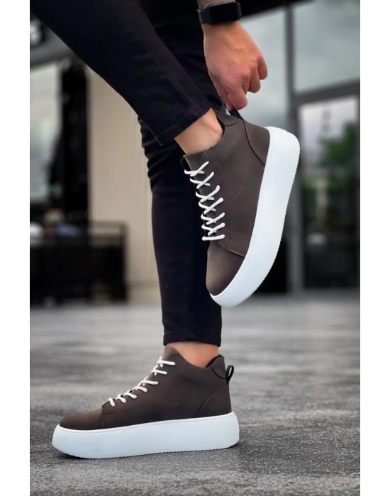 Le10 Bağcıklı Erkek Yüksek Beyaz Taban Kahverengi Spor Erkek Bot