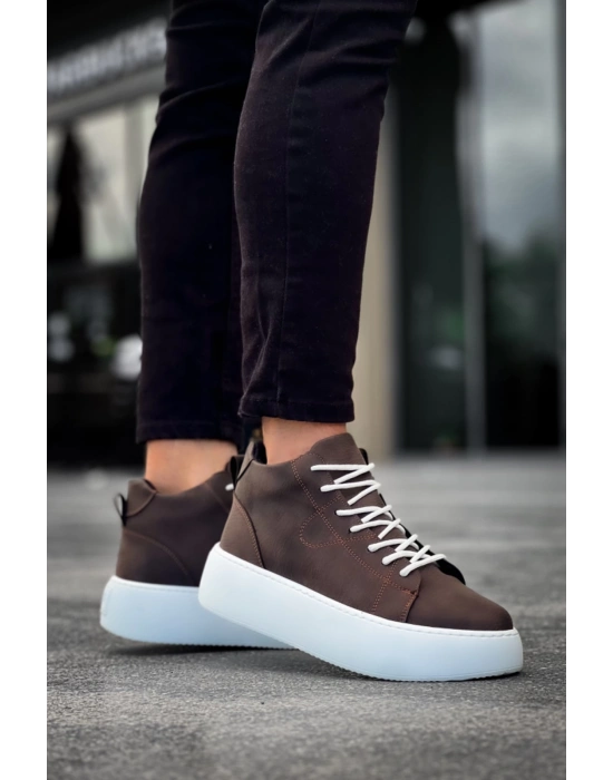 Le10 Bağcıklı Erkek Yüksek Beyaz Taban Kahverengi Spor Erkek Bot