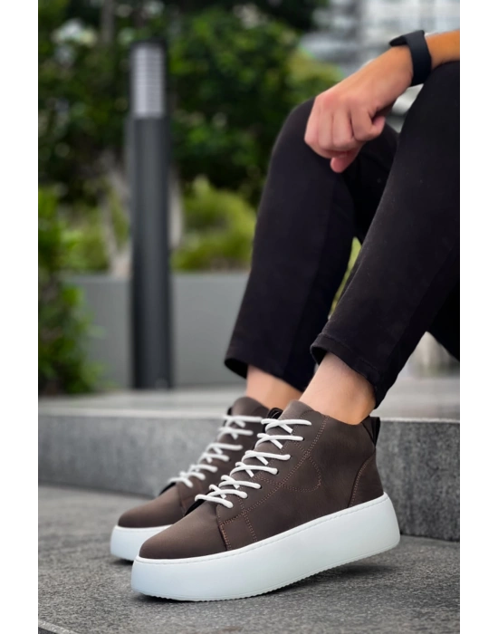 Le10 Bağcıklı Erkek Yüksek Beyaz Taban Kahverengi Spor Erkek Bot