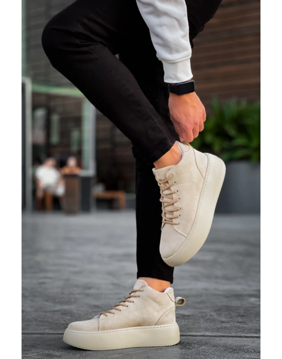 Le10 Bağcıklı Erkek Yüksek Taban İthal Süet Krem Spor Erkek Bot