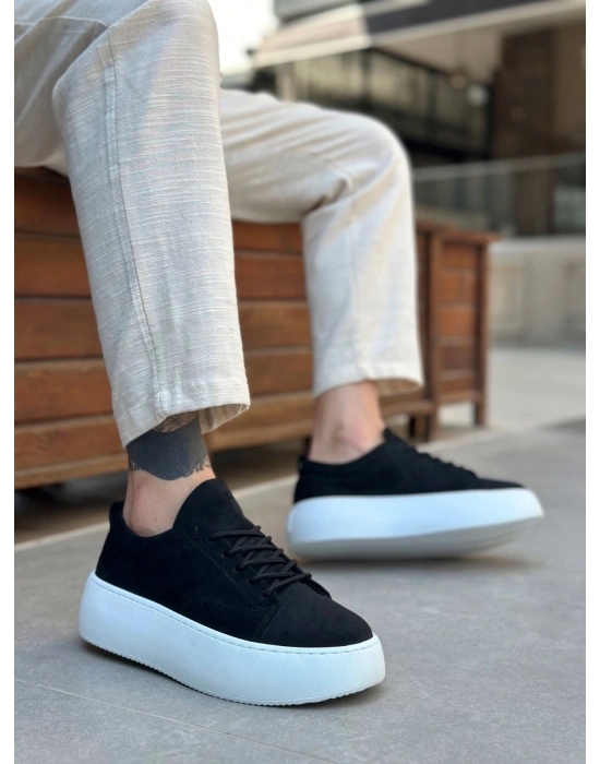 Le11 Bağcıklı Erkek Yüksek Taban Siyah Süet Spor Ayakkabı Erkek Günlük Ayakkabı