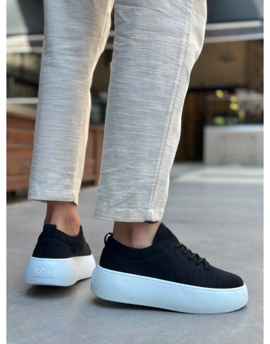 Le11 Bağcıklı Erkek Yüksek Taban Siyah Süet Spor Ayakkabı Erkek Günlük Ayakkabı