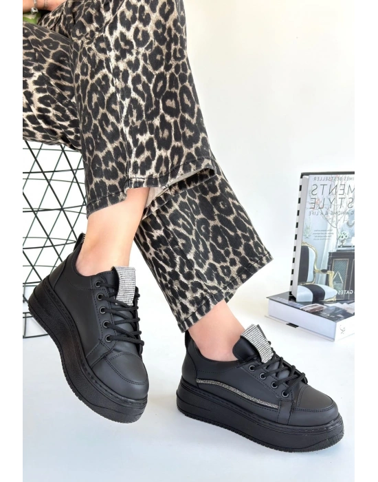 Leope Siyah Cilt Bağcıklı Kadın Spor Ayakkabı