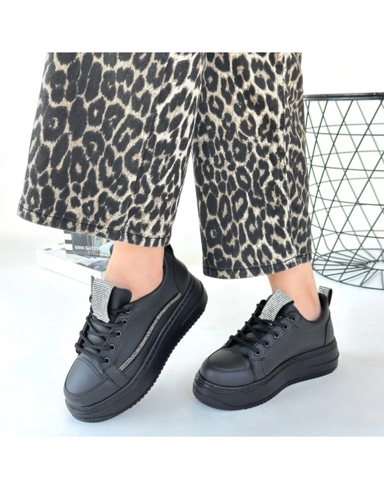Leope Siyah Cilt Bağcıklı Kadın Spor Ayakkabı