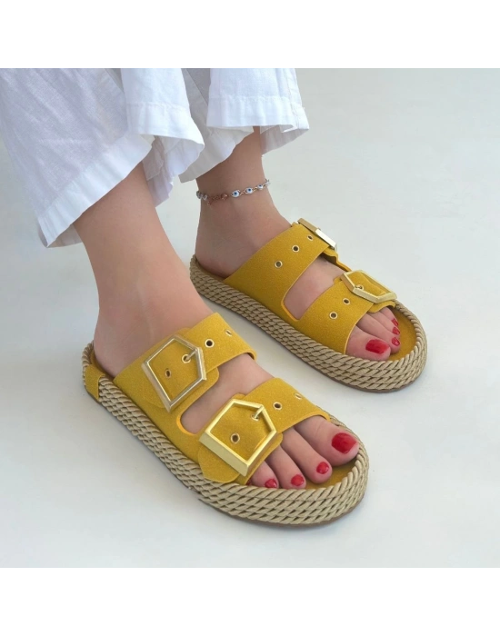 Loera Sarı Nubuk Çift Tokalı Terlik