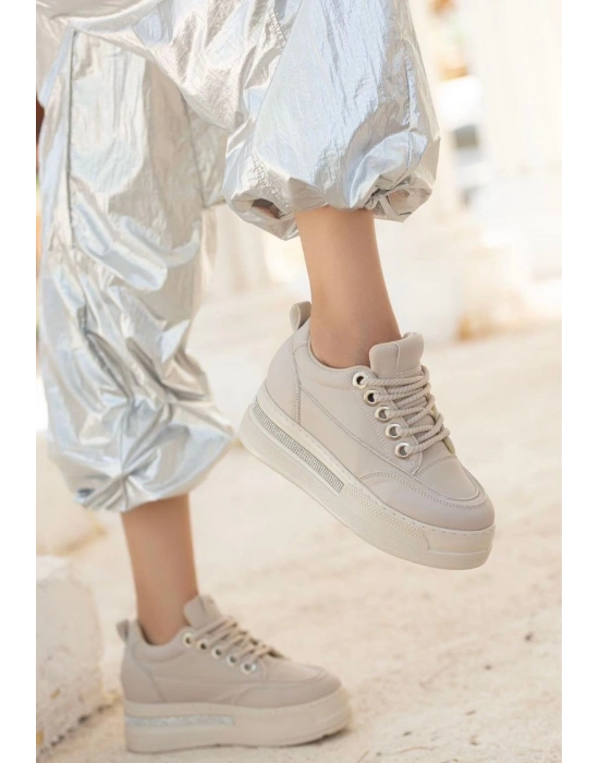 Lulu Bej Cilt Bağcıklı Kadın Spor Ayakkabı