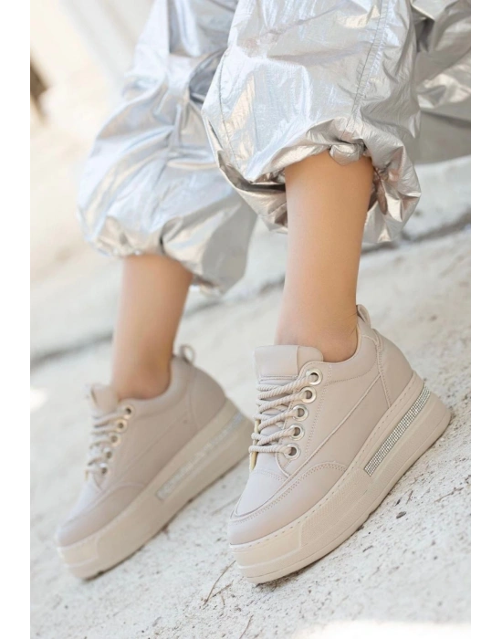 Lulu Bej Cilt Bağcıklı Kadın Spor Ayakkabı