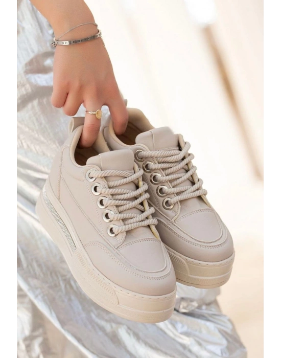 Lulu Bej Cilt Bağcıklı Kadın Spor Ayakkabı