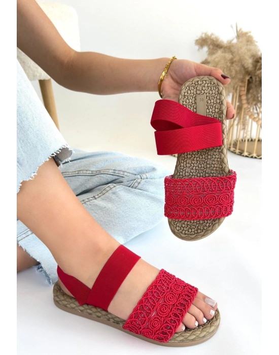 Marri Kırmızı Dantel Lastikli Kadın Sandalet