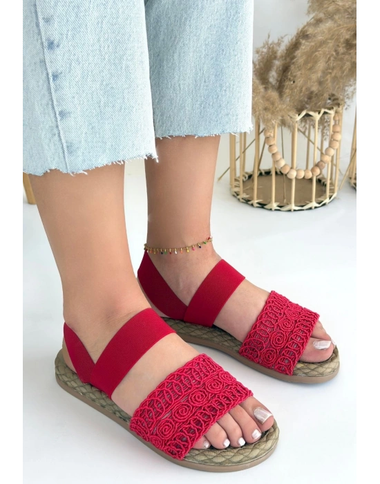 Marri Kırmızı Dantel Lastikli Kadın Sandalet