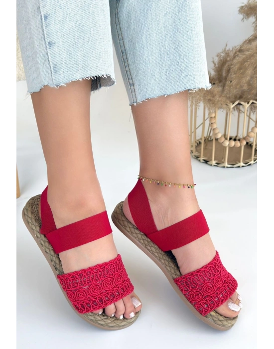 Marri Kırmızı Dantel Lastikli Kadın Sandalet