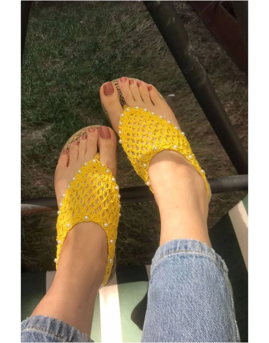 Mayya Sarı Örgülü Kadın Sandalet