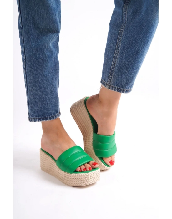 Mendal Yeşil Cilt Dolgu Topuk Kadın Terlik