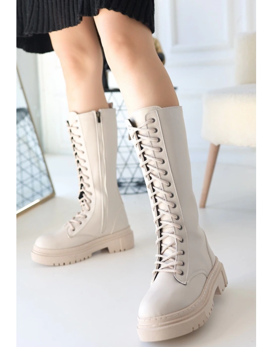 Mennd Bej Cilt Bağcıklı Kadın Çizme