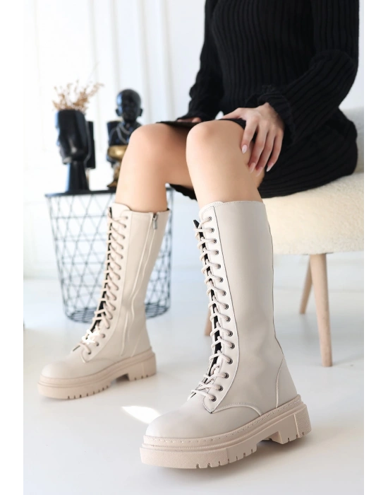 Mennd Bej Cilt Bağcıklı Kadın Çizme