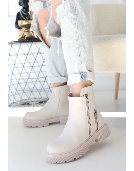 Menta Bej Cilt Fermuar Aksesuarlı Kadın Bot