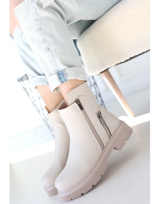 Menta Bej Cilt Fermuar Aksesuarlı Kadın Bot